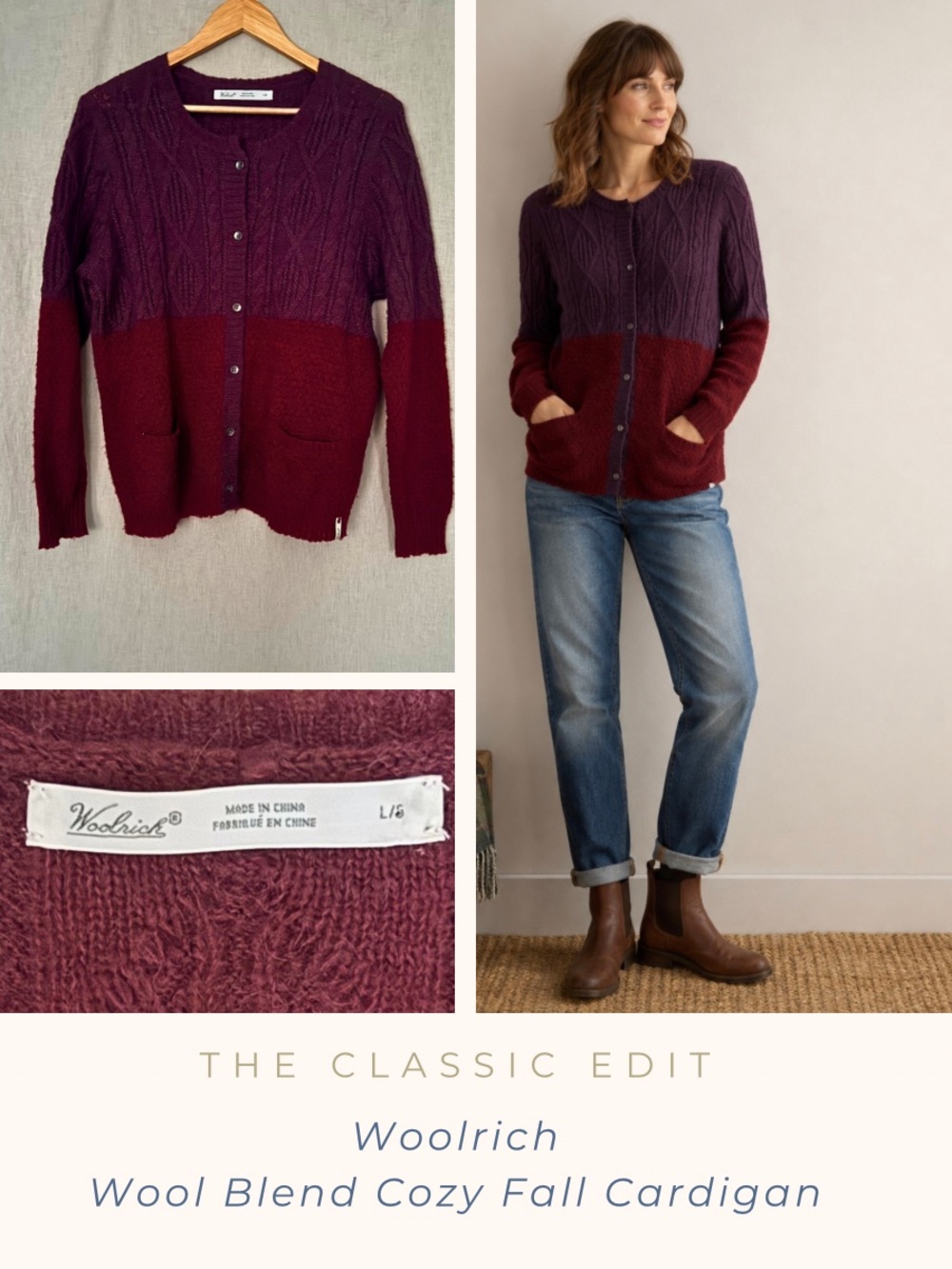 Woolrich Women's Two-Tone Plum and Merlot Knit Cardigan | Wool Blend | Fall
